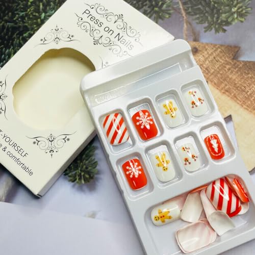 24Pcs Christmas Press on Nails Short Square Elk Fake Nails Full Cover Coffin Acrylic Nails Christmas Glue on nails with White Snowflakes Design Artificial False Nails for Women New Year Manicure Decor