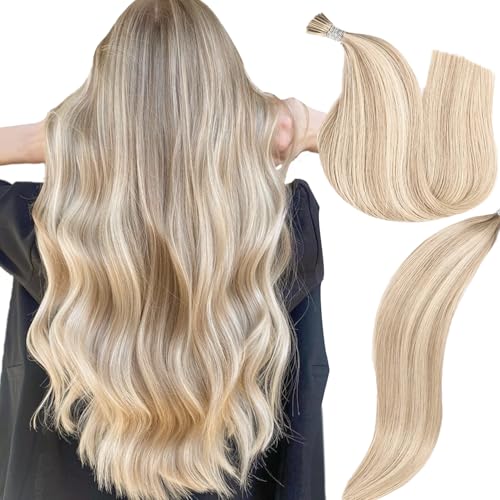 I Tip Hair Extensions - Human Hair,Light Blonde Highlighted Bleach Blonde 24 Inch For Women Soft & Natural Itip Human Hair Extensions 50g 50s