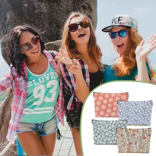 4pcs Vintage Floral Makeup Bag, Daisy Flower Cosmetic Bag Garden Gifts for Women Female Girls Sister BFF Nature Lover, Travel Zipper Pouch Christmas Thanksgiving Birthday Gifts