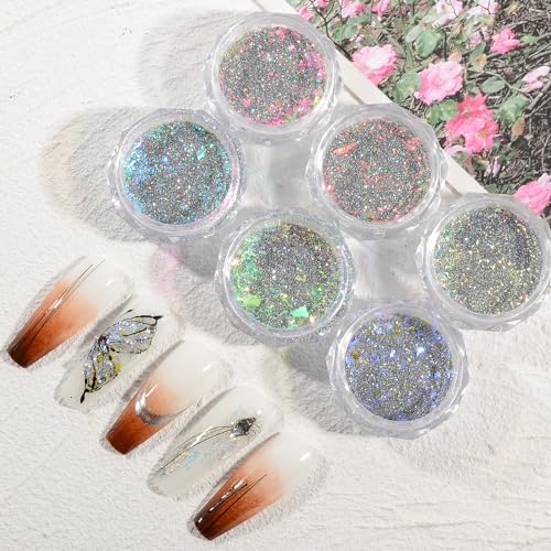 6 Colors Nail Art Glitter Diamond Dust Iridescent Nail Powder Chunky Glitter Confetti Foil Flakes Sequins for Nail Art Supplies, Gel Polish, Mermaid Makeup, Body, Resin ? Glittering Iridescence
