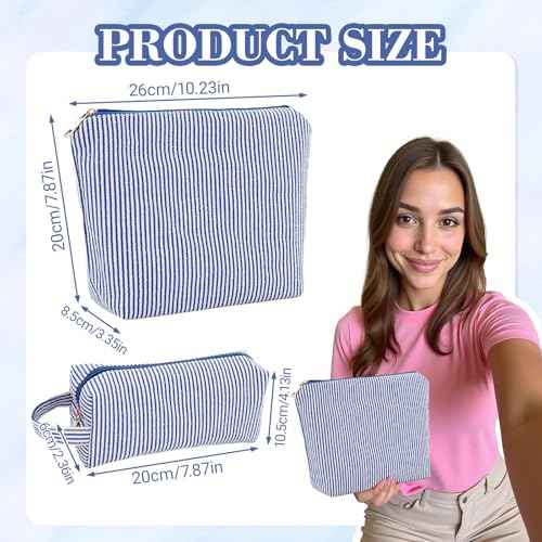 2 Pcs Makeup Bag, Toiletry For Women Cosmetic Bags Quilted Set Striped Preppy Make Up Pouch Gingham (Blue)