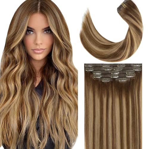 Lacer Hair Natural Balayage Hair Clip in Extensions Invisible PU Skin Weft 20 Inch Ombre Chocolate Brown to Caramel Blonde 7pcs 110g Seamless Silky Straight Hair Extensions Clip in Full Head R#4-4/27