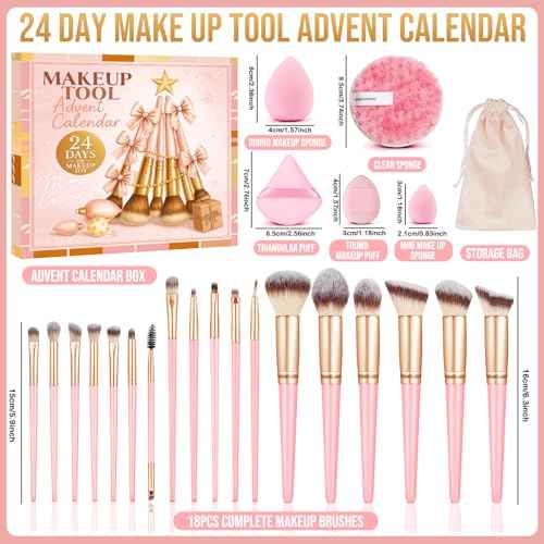 Makeup Brush Advent Calendar 2025 for Teen Girls Women, 24 Days of Beauty Advent Calendar with 18 Multi-functional Brushes, Sponges & Clean Puff, Christmas Countdown Gift for Wife Daughter Sister