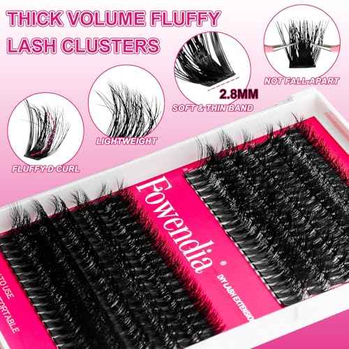 Fowendia Lash Clusters Kit Fluff 80D 100D Individual Lashes D Curl Cluster Eyelash Extensions 10-18mm DIY Lash Extension Kit Lash Bond and Seal Waterproof, Lash Applicator, Thick False Eyelashes Kit
