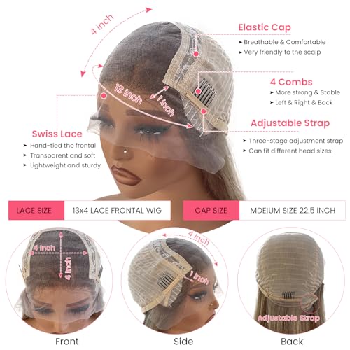 Smartinnov Ash Brown Highlight Lace Front Wig Human Hair Ombre Blonde 13x4 HD Transparent 16Inch 150% Density Ash Blonde Mixed Chestnut Brown Balayage Pre Plucked Brazilian Remy Hair Wigs for Women