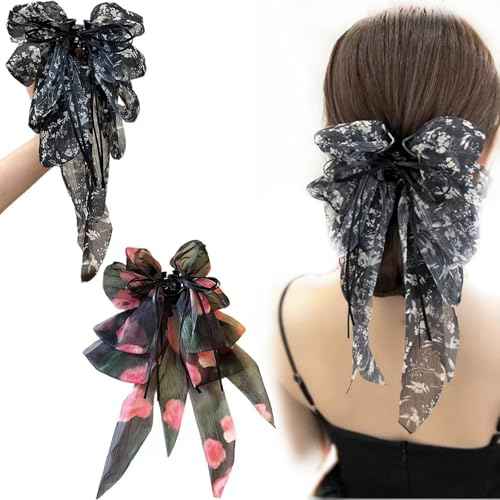 2pcs Bow Hair Claw Clips with Long Tail Tassel Hair Clips for French Hair Styles for Women Girls Ponytail Hair Decorations Accessories (Floral Pattern)