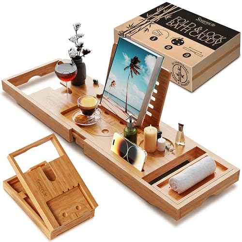 SereneLife Bamboo Bath Caddy with Fold and Lock Design - 30¡± to 43¡± Expandable Bathtub Tray, Easy Storage Folding Hinges