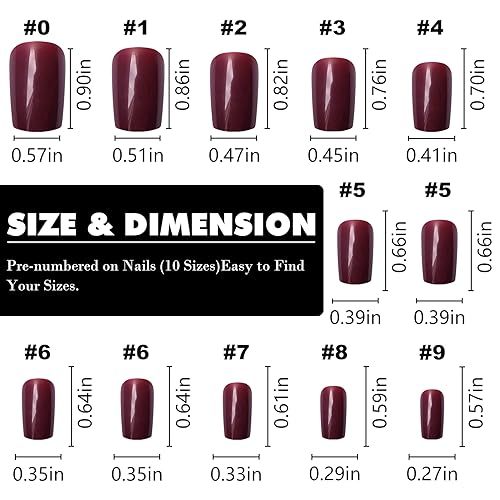 LoveOurHome 240pc Christmas Wine Red Press on Nails Medium Square Fake Nails Press ons Square Nail Tips Gel False Nails Presson Artificial Fingernails & Glue Adhesive Tabs Women Girls Manicure Decor