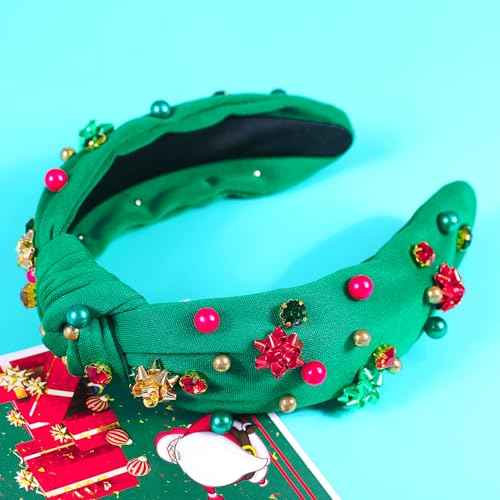 Christmas Jeweled Headbands for Women Girls Christmas Outfits Accessories Xmas Bow Rhinestone Pearl Knotted Headband Red Green Wide Top Knot Hairband Fancy Holiday Gifts