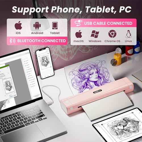 TATTMUSE 2025 New Version Tattoo Stencil Printer with 10pcs Transfer Paper, Wireless Thermal Tattoo Transfer Printer, Bluetooth Portable Tattoo Machine Compatible with Smartphone & Pad, Pink