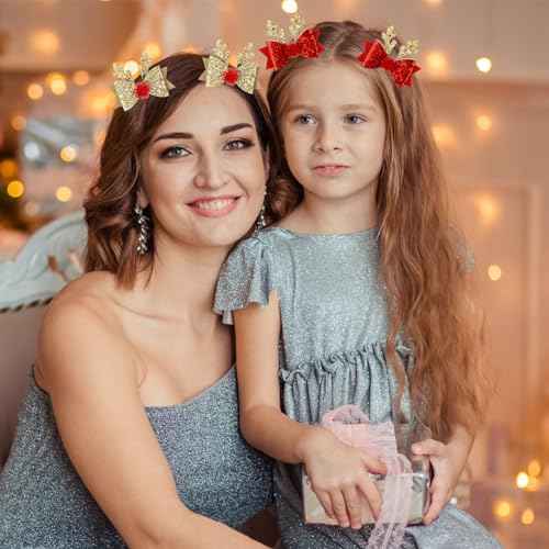 2 Pairs Christmas Hair Clip - Christmas Reindeer Antlers Headdress, Cute Bow Ties Antlers Ears Hair Pins, Christmas Party Hair Accessories for Girls Women (Gold & Red)