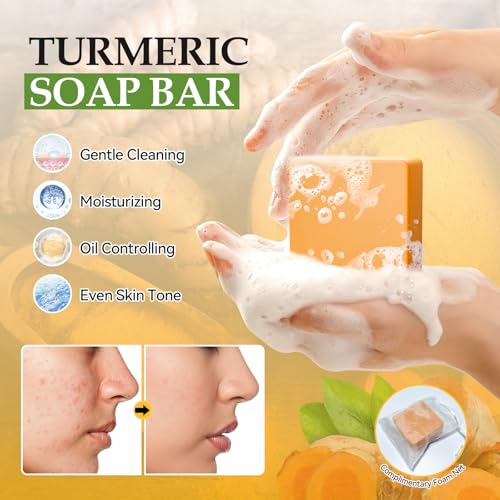 Turmeric Skin Care Set Even Skin Tone with Vitamin C, Skin Care Gift Set 4 In 1 Include Turmeric Soap Bar Turmeric Oil Turmeric Face Cream Turmeric Scrub, Face Moisturizer Skincare Set for Women