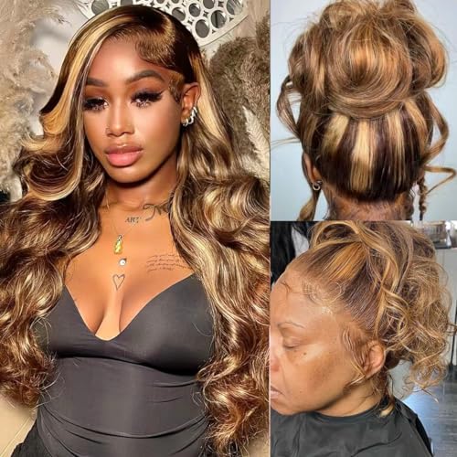 360 Lace Front Wigs Human Hair Full Lace Human hair Wigs Ombre Lace Frontal 180 Density 4/27 Colored Honey Blonde 360 HD Transparent Wigs for Black Women (22 Inch)