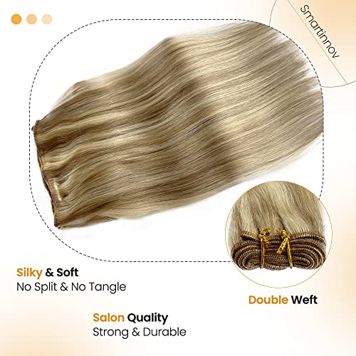 Sew in Weft Hair Extensions Human Hair 22Inch Light Brown Highlights Platinum Blonde Sew in Hair Extension Real Human Hair Highlights Weft Virgin Hair Full Head Hair Bundles 120g for White Women