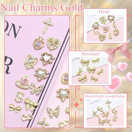 80PCS Gold Nail Charms 12 Shapes Gold Heart Nail Charm 3D Butterfly Nail Charms Alloy Gold Nail Crosses Shiny Money Sign Nail Charms Crystal Pink Planet Charms for Women Nail Art Decoration