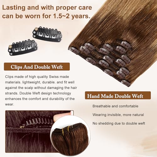 16A Premium Clip in Hair Extensions Real Human Hair, 18inch 120g 7pcs（Service life1.5~2 years）Remy Seamless Invisible Double Weft Human Hair, #T4/27 Balayage Multiple Washes Keep Texture Soft