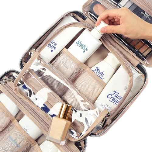 NISHEL Travel Toiletry Bag for women, Portable Hanging Organizer for Travel-Sized Shampoo, Conditioner, Brushes Set, makeup Accessories, Medium Size, Pink