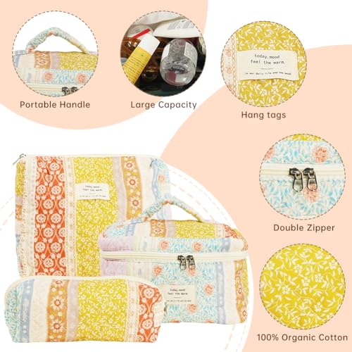 Generic Quilted Makeup Bag Set, Cute Cotton Floral Cosmetic Bags, 3 in 1 Set, Travel Toiletry Organizer