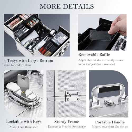 FRENESSA Makeup Train Case Makeup Organizer Box Portable Cosmetic Travel Case with Lock 4 Trays Aluminum Hard Vanity Box Make Up Artist Nail Beauty Storage Organizer Cosmetic Suitcase Bright Silver