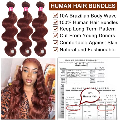 10A Cooper Red Human Hair Bundles with Closure Body Wave Reddish Brown Bundles Human Hair with Closure 12 14 16+12 Free 33B Cooper Red Brazilian Body Wave Hair