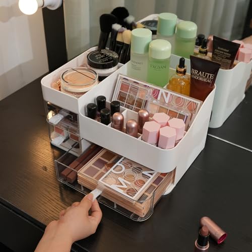 KLGO Makeup Organizer and Storage Cosmetic Display Case With 3 Clear Drawers Skincare Organizer for Bathroom Make Up Stand for Vanity Lipsticks, Jewelry, Nail Care, Eyeshadow, Skincare