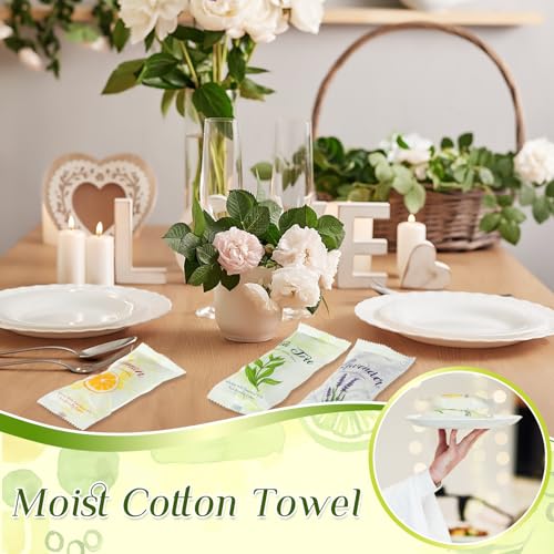 VitalCozy 240 Pcs Moist Cotton Towel Moist Towelettes Individually Wrapped Scent Disposable Face Towel 8.6'' x 8.6'' Hot/Cold Moistened Cleansing Wipes, Lemon Tea Tree and Lavender Scent (White)