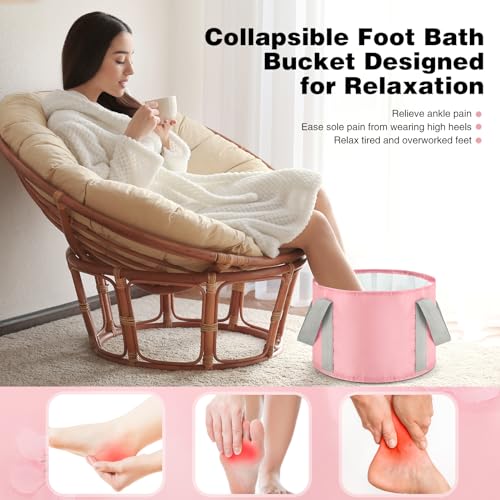 Maxcheck 14L 6 Pcs Pink Collapsible Foot Basin Tub Portable Soaking Feet Bath Bag Foldable Bucket with Handles Pedicure Foot Spa Tub for Travel Camping Outdoor Washing