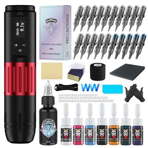 Professional Tattoo Gun Machine Kit, Wireless Rotary Tattoo Pen with 1,600 mAH Digital LED Display, Complete Beginner Tattoo Set with 20Pcs Cartridge Needles