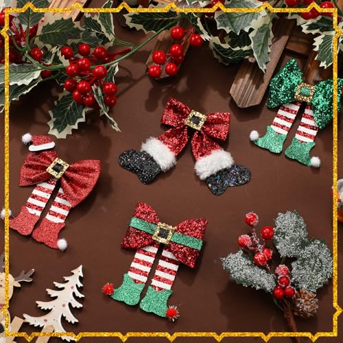 4 Pack Christmas Hair Clips Glitter Sequins Red Bow Hair Clips Glitter Bow Party Cute Decoration Deer Antler Elf Headdress Christmas Decor for Women Gifts