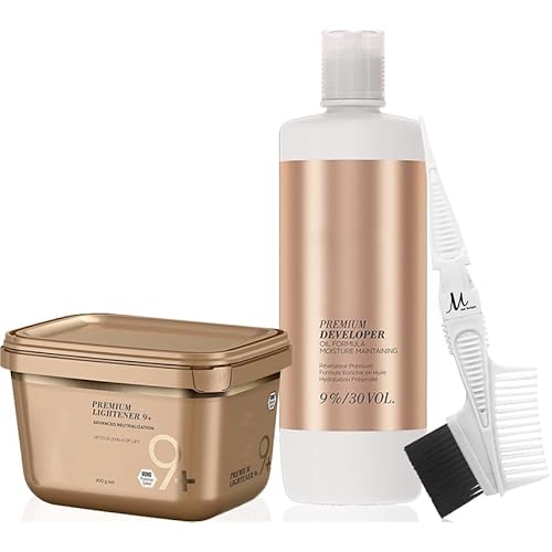 BlondeMe Lightener 9+ Premium Bleach 450 grams, Blonde Me Developer 9% / 30 Vol 1 Liter and M Hair Designs Tint Brush Comb (Bundle)