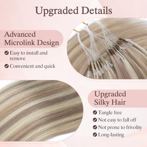50pcs U Tip Hair Extensions, Micro Ring Human Hair Extensions, Upgraded K Tip Hot Fusion, Long Straight Keratin Extensions, 22 inches, Gold Brown mixed Bleach Blonde, 50g/pack