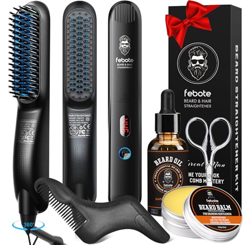 Innovation Blue Beard Straightener Kit w, Beard Balm, Beard Growth Oil, Beard Styling Comb & Scissors, Upgraded 5-in-1 Beard Set, Unique Stocking Stuffer Gifts for Friend, Father & Him