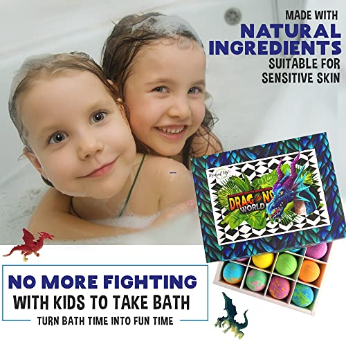 Bath Bombs for Kids with Surprise Inside - 12 Organic Bubble Bath Fizzies with Dragon Egg Toys. Gentle & Kids Friendly w/Rich Bubbles & Rainbow Colors, Stocking Stuffer Christmas Gifts for Boy, Girls