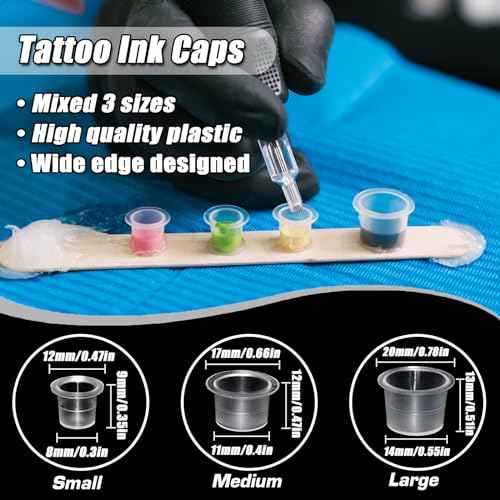 3MM Tattoo Practice Skin 5Pcs + 300 Ink Cups Kit - Realistic Double-Sided Training, Mixed Size 11mm/14mm/17mm Pigment Caps for Tattoo Artist & Beginner