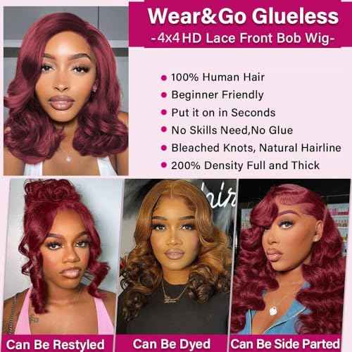 Caijuxing 99j Burgundy Glueless Body Wave Bob Wig Human Hair 200% Density With Baby Hair 4x4 Hd Lace Closure Wigs For Black Women Wear And Go Glueless Bob Wig (14 Inch)