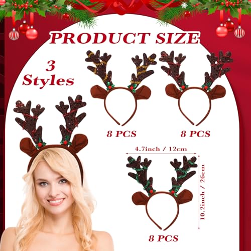 24 Pcs Christmas Reindeer Antlers Headband Bulk Sequined Reindeer Headwear Elk Headpiece for Xmas Party Costume Supply