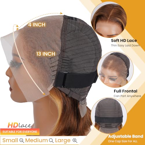 4/27 Highlight HD Lace Front Wigs Human Hair Pre Plucked 13x4 Body Wave Frontal Wig with Baby Hair 180% Density Ombre Brown and Honey Blonde Human Hair Wigs for Black Women 20 Inch