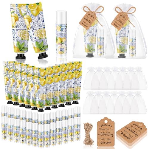 24 Sets Lemon Hand Cream and Lip Balm Gift Lemon Bridal Baby Shower Party Supply Travel Size Hand Lotion and Lip Balm Bulk with Organza Bag and Tag Wedding Baby Shower Party