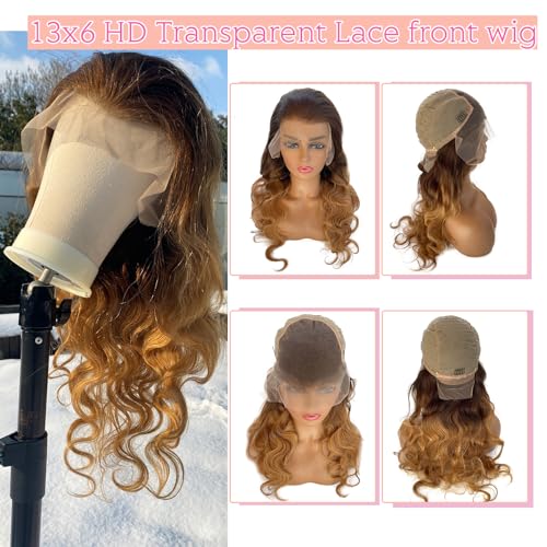 Smavida Highlights Blonde Lace Front Wigs Human Hair,13x6 Honey Blonde HD Lace Front Wig Pre Plucked with Baby Hair Highlight Ombre 4/27 Body Wave Lace Frontal Wig for Women 150% Density 22 Inch