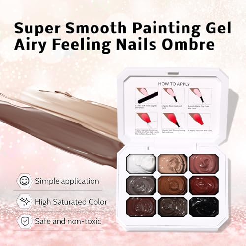 Sponge Pat Paint Nail Gel & Tools Kit, 9 Colors Ombre Nails Gradient Gel Nail Blush Blooming Aura Nails Drawing Stripper Floral Painting Nail Art, No Wipe, UV/LED Curing (9 Colors Set F)