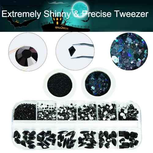 3 Boxes Black Nail Rhinestones with Fine Glitters Kit, 60Pcs Big Assorted Black Nail Gems with S6-S16 Flatback Round Stones,Crystals Nail Gem Stones for DIY Faces Body Crafts