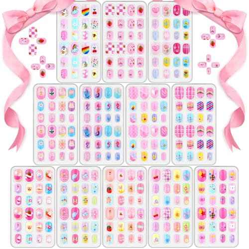 288 Pieces Kids Nails Press ons for Girls, Acejoz Fake Nail Set Pre Glue Stick on Short Nails for Children Little Girls 8-12 Year Nail Art Decoration