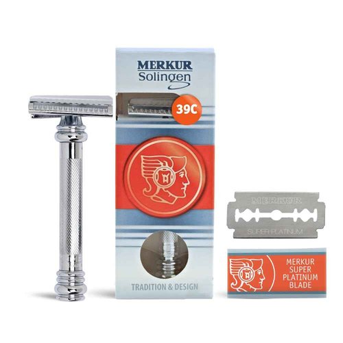 MERKUR 39C Double Edge Safety Razor, Slant Bar Design- Long Handle, Made in Germany, Plastic-Free, Two Piece Design