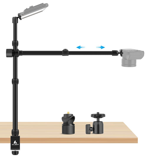 ailight Overhead Camera Mount Desk Stand, Webcam Mount with 2-Section Adjustable Telescopic Boom Arm, Tabletop C Clamp for DSLR Camera, Ring Light, Live Streaming, Photo Video Shooting