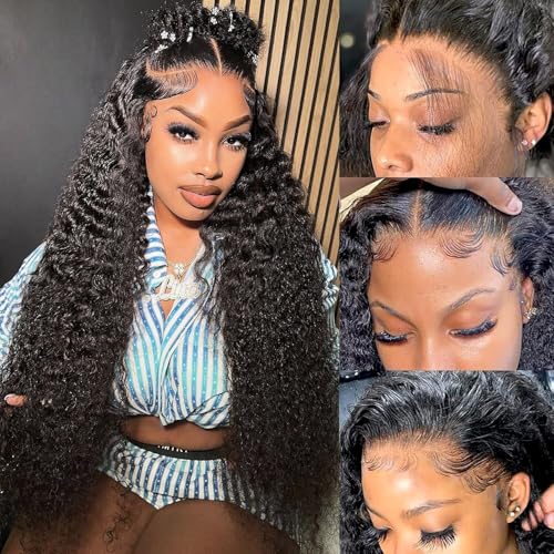 Deep Wave Lace Front Wigs Human Hair Pre Plucked 180 Density 13x4 Curly HD Lace Front Wig Human Hair with Natural Hairline Wet and Wavy Glueless Lace Front Wigs for Women (20 Inch)