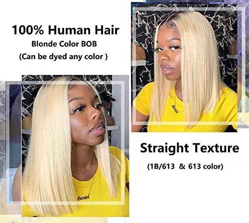Smartinnov 1B/613 Ombre Blonde Bob Wigs Human Hair Glueless 13x4 HD Lace Front Wigs 12 Inch Pre Plucked Middle Part Virgin Hair for Women 180% Bleached Knots with Baby Hair Ombre blonde with Dark Root