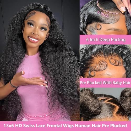 20 Inch 13x6 Deep Wave Lace Front Wigs Human Hair 200 Density 13x6 HD Lace Front Wigs Human Hair Pre Plucked Deep Curly Glueless Wig 100% Virgin Human Hair Lace Front Wigs for Women
