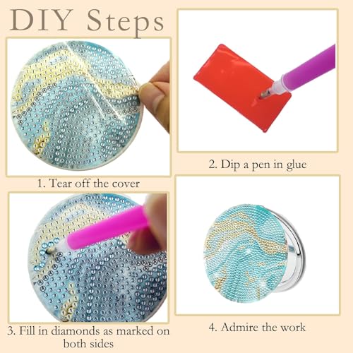 4 Pcs Diamond Painting Compact Mirror, Ocean Diamond Art Mirror Kits DIY Pocket Mirror, Unbreakable Portable Magnifying Folding Purse Mirror Makeup Mirror for Beginner Women