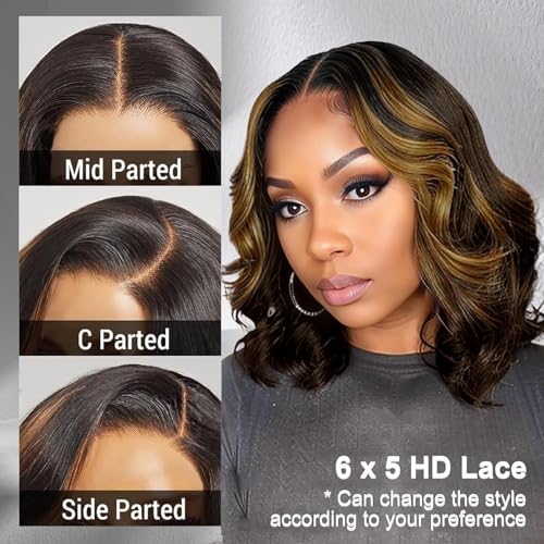 Tinashe Highlight Bob Wig Human Hair Wear and Go Glueless Wigs Human Hair Pre Plucked Pre Cut 180% Body Wave 5x6 Lace Front Short Bob Wigs Human Hair for Black Women-Highlight 1B/2/30,12inch