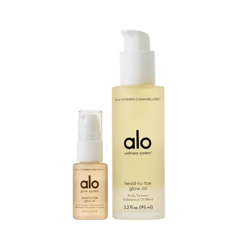 Alo Head-to-Toe Glow Oil + Travel | Glow-Boosting Natural Dry Body Oil | Jojoba, Amla, Aloe & Vitamin E | Hydrates & Nourishes Skin | Citrus Scent | 3.2 + 0.7 Oz